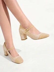 CUCCOO CHICEST 方头单带格纹面料7厘米高跟玛丽珍鞋，法式优雅情人节 - 杏色 - 查看 1