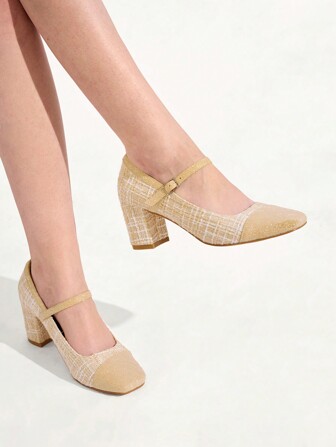 Scarpe Mary Jane con tacco alto 7cm, punta quadrata, con un cinturino, in tessuto a quadretti, stile francese elegante, adatte per San Valentino