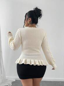Flirla 大码圆领长袖套头毛衣，饰有蝴蝶结和荷叶边下摆，休闲时尚针织套头衫，秋冬季必备 - 杏色 - 查看 2