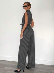 SHEIN Essnce Women's Striped Wrap Kimono Style Casual Suit Set, Grey Office & Commute Fashion Two-Piece Outfit, Office Wear