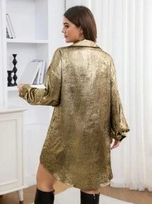 SHEIN LUNE Plus Size Gold Shirt Style Waist Tie Bow A-Line Slimming Dress New Years Outfit Long Sleeve Dress - Gold - View 4