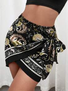 SHEIN SXY Plus Size Women Floral Retro Print Criss-Cross Tie Waist A-Line Midi Skirt, Suitable For Early Spring, Spring & Summer, Rainforest, Beach Party, Seaside Vacation, Bonfire Party, Cool & Lightweight, Slim Fit, Comfortable To Wear, Easy To Match, Flattering Figure