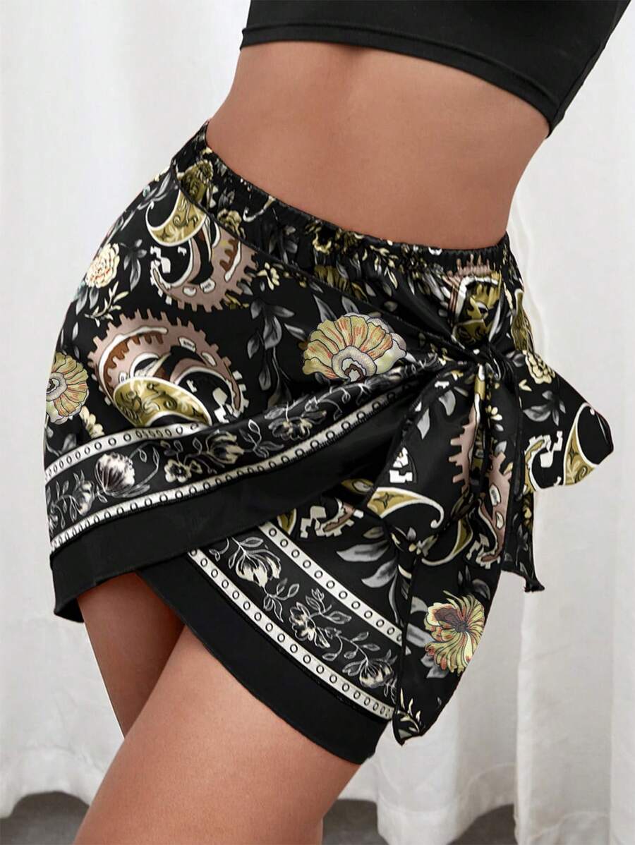 SHEIN SXY Plus Size Women Floral Retro Print Criss-Cross Tie Waist A-Line Midi Skirt, Suitable For Early Spring, Spring & Summer, Rainforest, Beach Party, Seaside Vacation, Bonfire Party, Cool & Lightweight, Slim Fit, Comfortable To Wear, Easy To Match, Flattering Figure