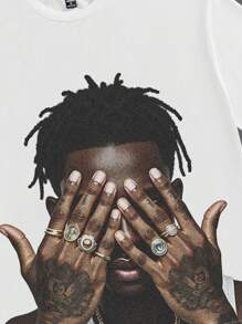 Manfinity LEGND Men's Street Hiphop Tattoo Portrait Graphic Print Oversized T-Shirt - White - View 3