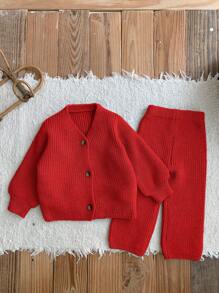 SHEIN LMoss Kids LMoss Baby Girl 2pcs Set: Cardigan And Wide Leg Pants, Lantern Sleeve Sweater Outfit, Suitable For Outdoor, Shopping, Party And Other Occasions, Autumn/Winter - Red - View 6