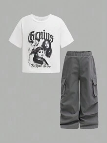 Young Girl Street Style Hiphop Portrait & Letter Print Loose T-Shirt And Pleated Pants 2 Pieces Set