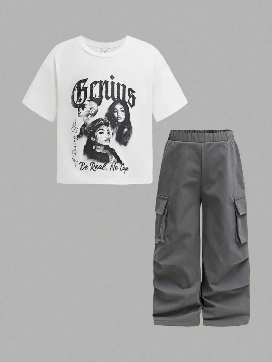 Young Girl Street Style Hiphop Portrait & Letter Print Loose T-Shirt And Pleated Pants 2 Pieces Set