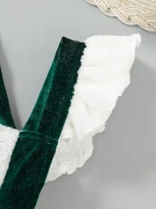 SHEIN 年轻女孩冬季新款天鹅绒法兰绒拼布连帽斗篷夹克，复古红色天鹅绒围裙，圣诞假期简约时尚 2 件套 - 墨綠色 - 查看 8