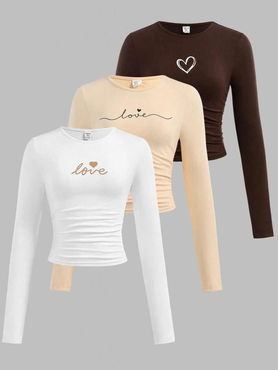 SHEIN Girlism 3 件套青少年女孩纯色褶皱图案印花圆领长袖 T 恤休闲套装