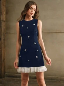 Anewsta 圣诞菱形亮片下摆拼布 A 字型优雅连衣裙，时尚女性节日装