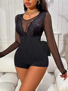 Sexy Sheer Mesh And Lace Patchwork Women's Sleepwear Jumpsuit