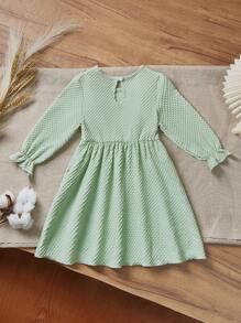 SHEIN Young Girl Solid Color Round Neck Ruffle Long Sleeve Cute Casual Dress