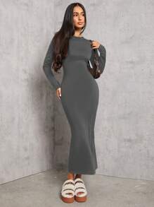 SHEIN PETITE 纯色褶皱腰黑色长袖连衣裙 - 灰色 - 查看 6