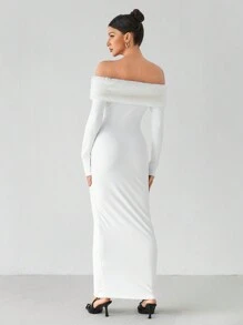 SHEIN Tall Luxury White Off-Shoulder Furry Bodycon Long Sleeve Maxi Evening Dress For Women