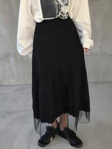 FRIFUL Women's Layered Design Mesh Contrast Sweater Skirt - Black - View 2