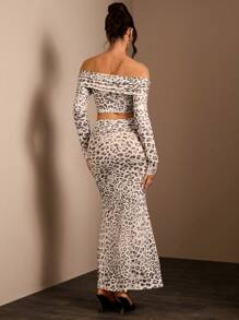 Glamine 2pcs/Set Women Off-Shoulder Long Sleeve Leopard Print Blouse And Skirt Set, Off Shoulder Tops, Skirt Set