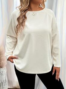 SHEIN LUNE Plus Size Women's Solid Color Round Neck Long Sleeve Casual Top