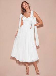 Enchnt Spring/Summer Romantic Women's White Pleated Bowknot Shoulder Shinny Mesh Princess Maxi Dress,Sweet&Elegant For Valentine's Day&Birthday&Holiday Party&Sweet Date Night&Prom& Wedding Dress&Graduation Season&Vacation