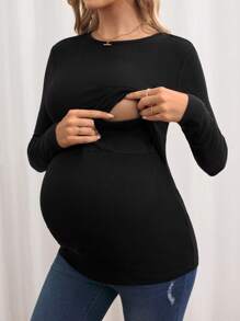SHEIN Solid Color Long Sleeve Casual Round Neck Fitted Maternity Nursing T-Shirt