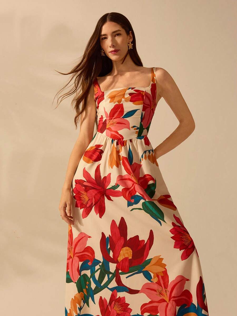 CAJUNI 女式波西米亚风彩色热带花卉印花细肩带休闲连衣裙，适合夏季度假 - 彩色 - 查看 1