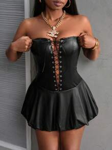 Slaydiva 街头时尚抹胸褶饰系带花卉迷你连衣裙 - 黑色 - 查看 5