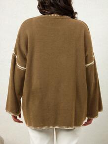 EURMUSE Plus Size Colorblock Trim Round Neck Long Sleeve Simple Casual Blouse - Camel - View 2