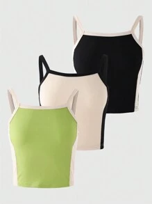 3pcs/Set Girls Slim Fit Short Cropped Tank Top, Textured Ribbed Knit Design, Versatile Casual Tank Top For Daily Wear, Suitable To Pair With Jeans, Pants, Skirts Or Dresses - Multicolor - View 1