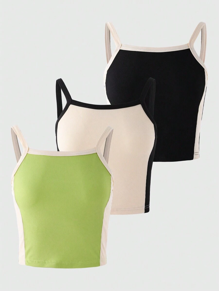 3pcs/Set Girls Slim Fit Short Cropped Tank Top, Textured Ribbed Knit Design, Versatile Casual Tank Top For Daily Wear, Suitable To Pair With Jeans, Pants, Skirts Or Dresses - Multicolor - View 1