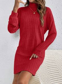 SHEIN Frenchy Women's Turtleneck Long Sleeve Ribbed Bodycon Textured Fabric Black Dress,New Years Women Outfit