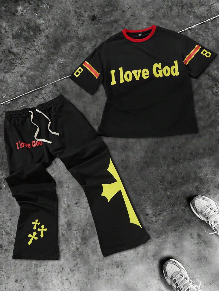 Manfinity EMRG 2 Pieces Knitted Contrast Color Young Street Suit, Graphic Men T Shirt, Outfit, Elastic Waist, Cross, Young Street Short Sleeve Trousers Suit - Black - View 1