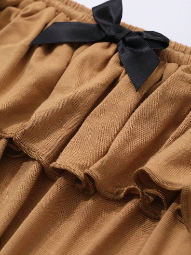 Colorblock Bow Lace Splice Ruffle Hem Nightgown Pajama