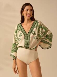 CAJUNI Women's Boho Green Tropical Plant Print, Deep V-Neck Apricot One-Piece Suit, Vacation Leisure Summer Beach Bodysuit - Multicolor - View 3