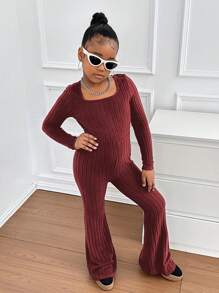 SHEIN 青少年女孩休闲纯色长袖合身连衣裤 - 酒紅色 - 查看 4