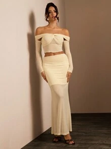 Glamine 女士露肩长袖短款上衣和长裙优雅两件套，两件套，露肩上衣 - 彩色 - 查看 6