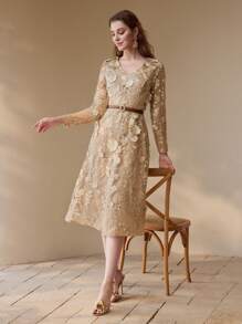 MOTF PREMIUM FLORAL EMBROIDERY A LINE DRESS - Apricot - View 2
