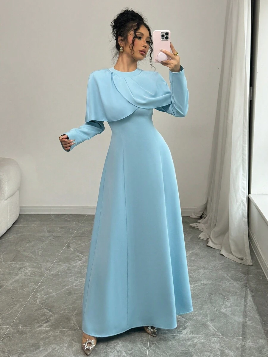 Elenzga 女式简约纯色围脖领长袖休闲连衣裙长款女装