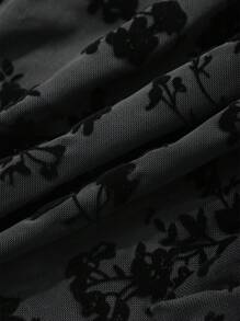 DAZY 女士中长款情人节印花植绒网纱迷你连衣裙，春秋季优雅长袖舞会礼服 - 黑色 - 查看 6