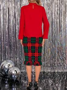 SHEIN Clasi Top elegante de manga farol con escote de ojo de cerradura y falda con volantes en el bajo con estampado a cuadros rojos y verdes de Navidad para otoño e invierno
