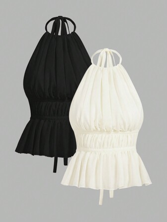 SHEIN EZwear Two-Piece Set Women's Sexy Solid Color Pleated Backless Halter Neck Top