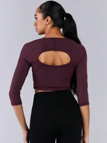 Athîral Top casual deportivo sólido de manga larga, cuello redondo, espalda abierta y diseño sencillo para mujer