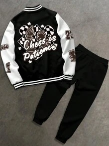 Manfinity EMRG 2pcs/Set Plus Size Men Color Block Baseball Collar Button Front Long Sleeve Jacket And Pants Casual Set