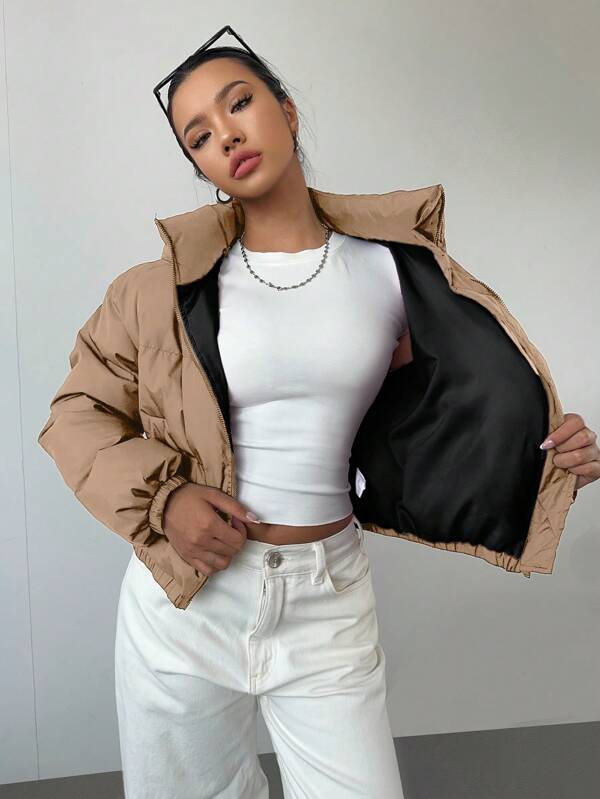 Aloruh Casaco feminino de inverno curto casual com zíper frontal e manga comprida de cor sólida