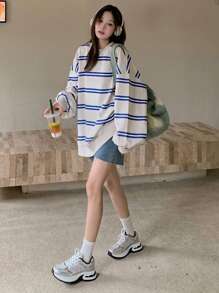 DAZY Women's Crew Neck Long Sleeve Striped Sweatshirt,Fall Clothes,Back To School Clothes - Apricot - View 3