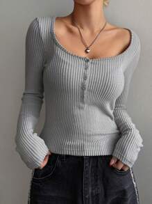DAZY Women's Slim Fit Button-Up Long Sleeve Casual T-Shirt Fall Tops - Light Grey - View 3