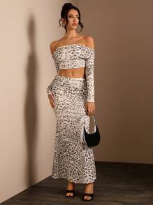 Glamine 2pcs/Set Women Off-Shoulder Long Sleeve Leopard Print Blouse And Skirt Set, Off Shoulder Tops, Skirt Set