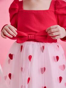 Glamorique Kids Vestido de manga larga con malla con diseño de corazón rojo para niña en el Día de San Valentín. El rojo es el color clásico que representa la pasión y el romance del Día de San Valentín. El patrón de corazón hace eco directo del tema emocional del Día de San Valentín, lo que le da a este vestido una calidez y dulzura visual para la festividad. El diseño de manga larga es adecuado para llevar en las temporadas de primavera y otoño del Día de San Valentín, lo que lo hace práctico y a la moda.