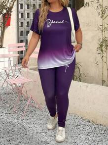SHEIN LUNE 2pcs Plus Size Casual Print Round Neck Short Sleeve Set For Summer