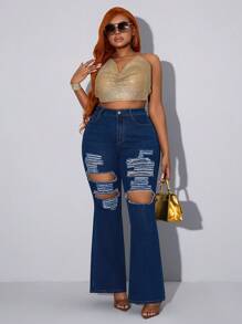 Slaydiva Plus Size Women Elastic Denim Sexy Distressed Flare Jeans - Blue - View 1