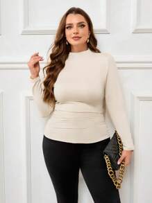 SHEIN Clasi Plus Size Women Solid Color Stand Collar Long Sleeve Ruched Casual T-Shirt, Autumn