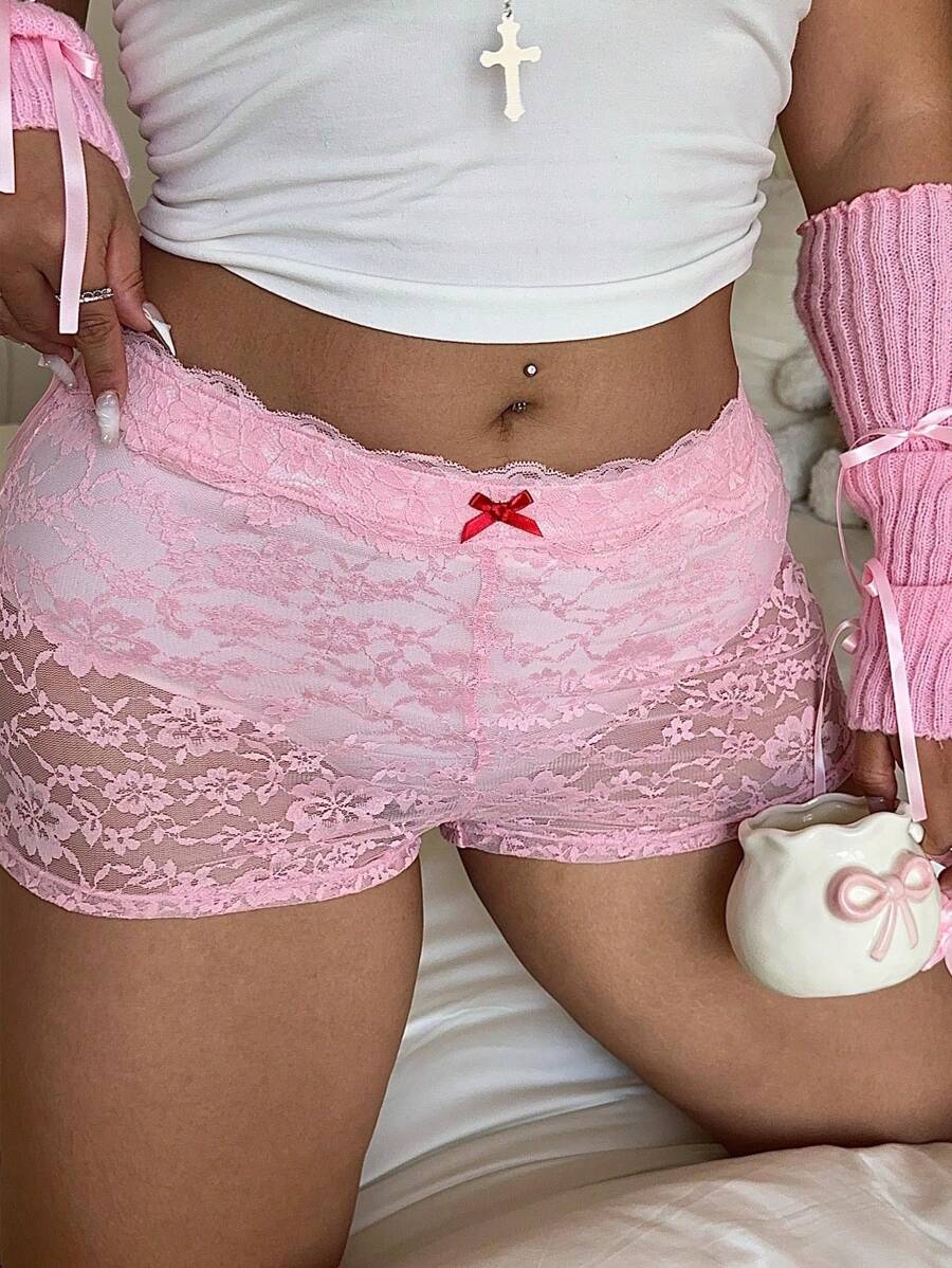 Flirla Plus Size Bow Decor Simple Lace Trim Sexy Elastic Leggings For Summer